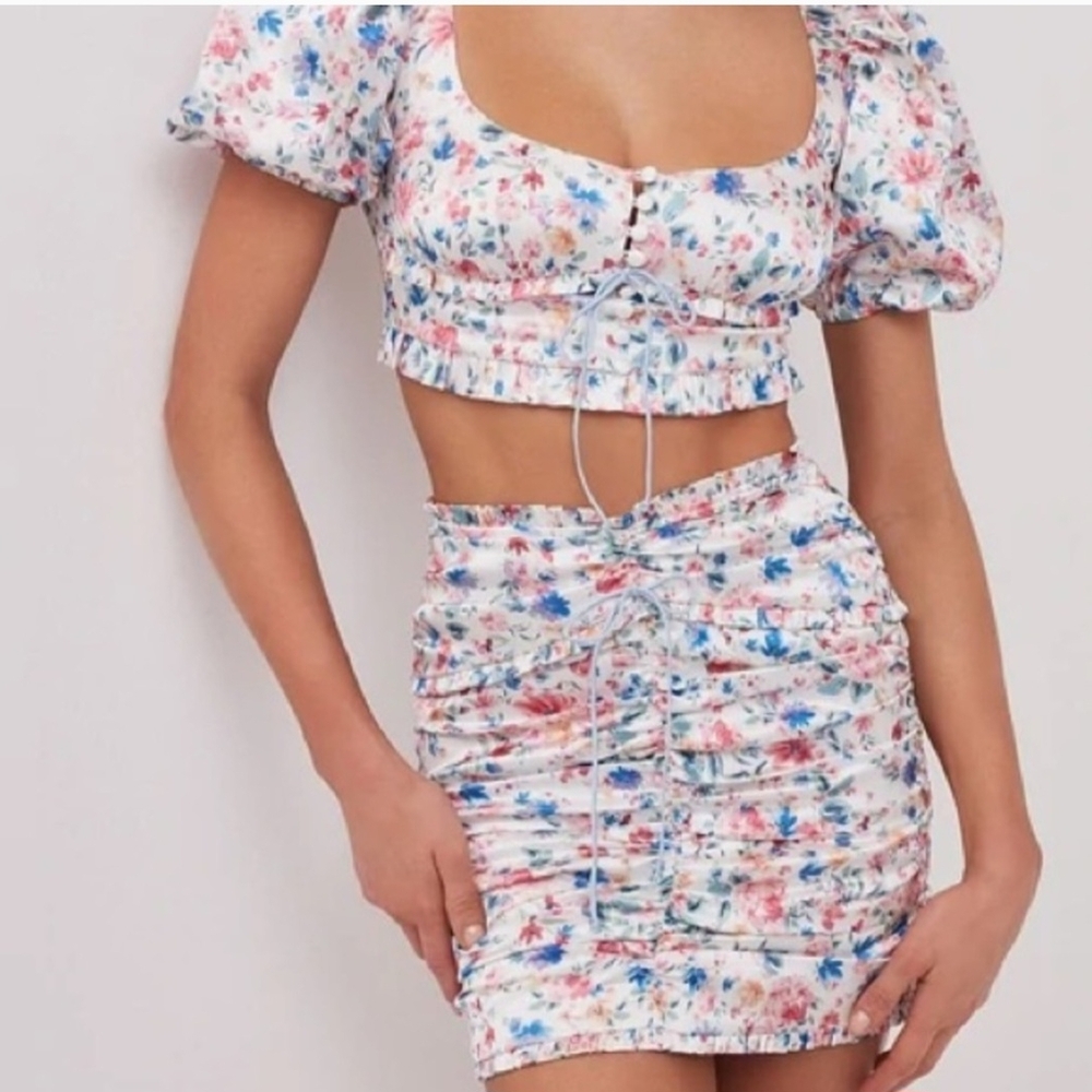 For Love And Lemons Blue Pink Ruched Pencil Skirt